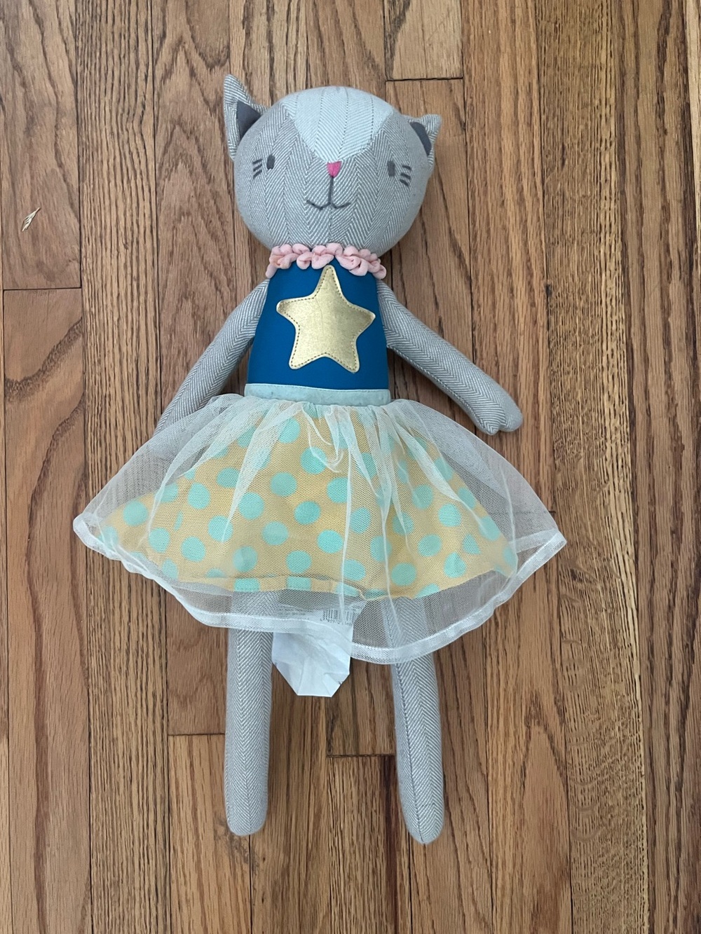 Pillowfort stuffed Cat w/ Blue and Yellow Polka Dot Tulle Dress